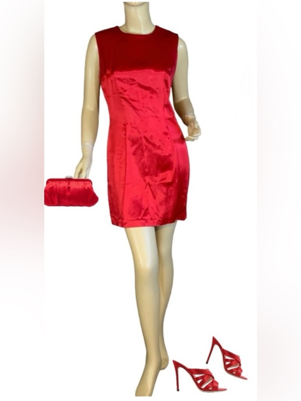 VINTAGE 1990'S R-WEAR RED SATIN MINI COCKTAIL DRESS (S/7)